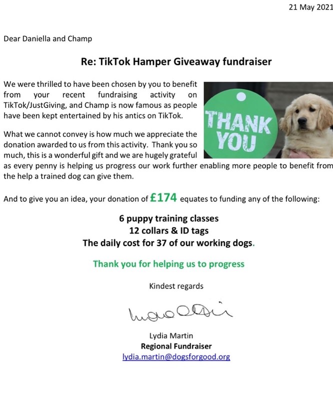 Miss Essex International, Daniella, held a TikTok fundraiser for Dogs For Good!